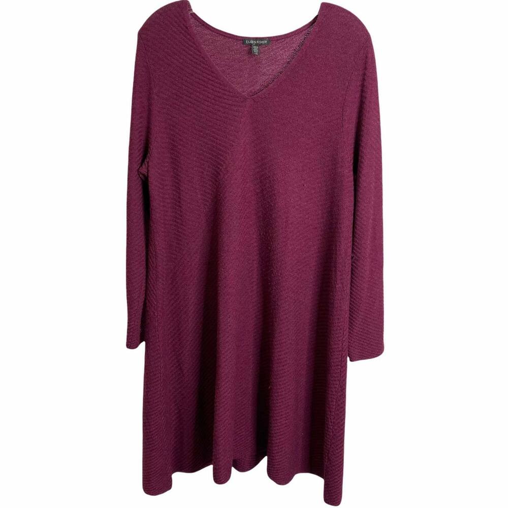 Eileen Fisher Women's Dress Long Sleeve Fuchsia Pink‎ Knit V-Neck Merino Wool L